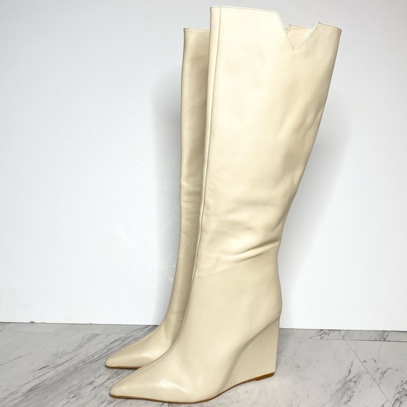 Schutz Asya Up Eggshell Leather Pointy Toe Wedge Tall Boot 8 1/2 B - Picture 1 of 16